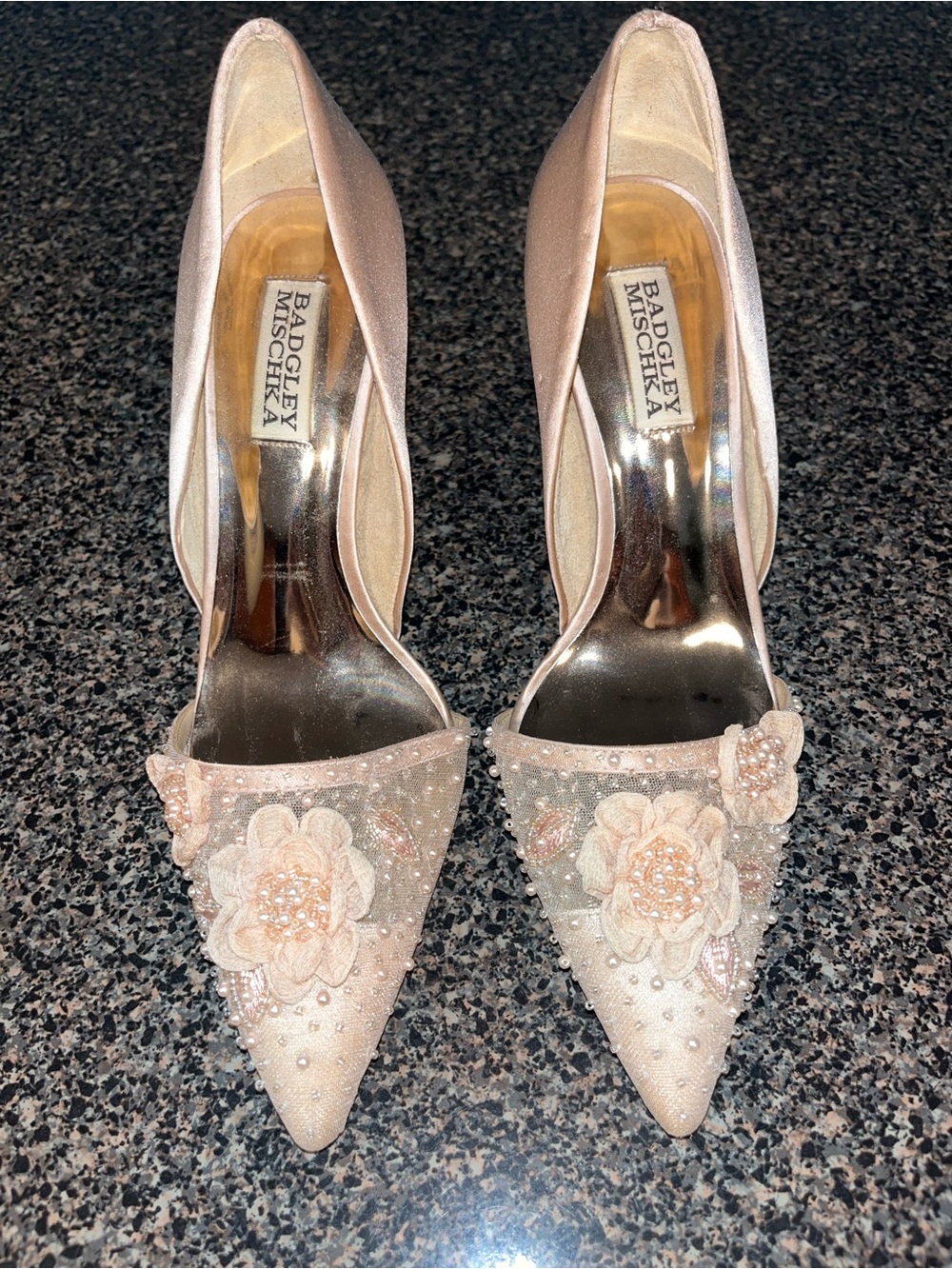 Badgley Mischka Blush Pink Floral Embellished Pointed-Toe Heels